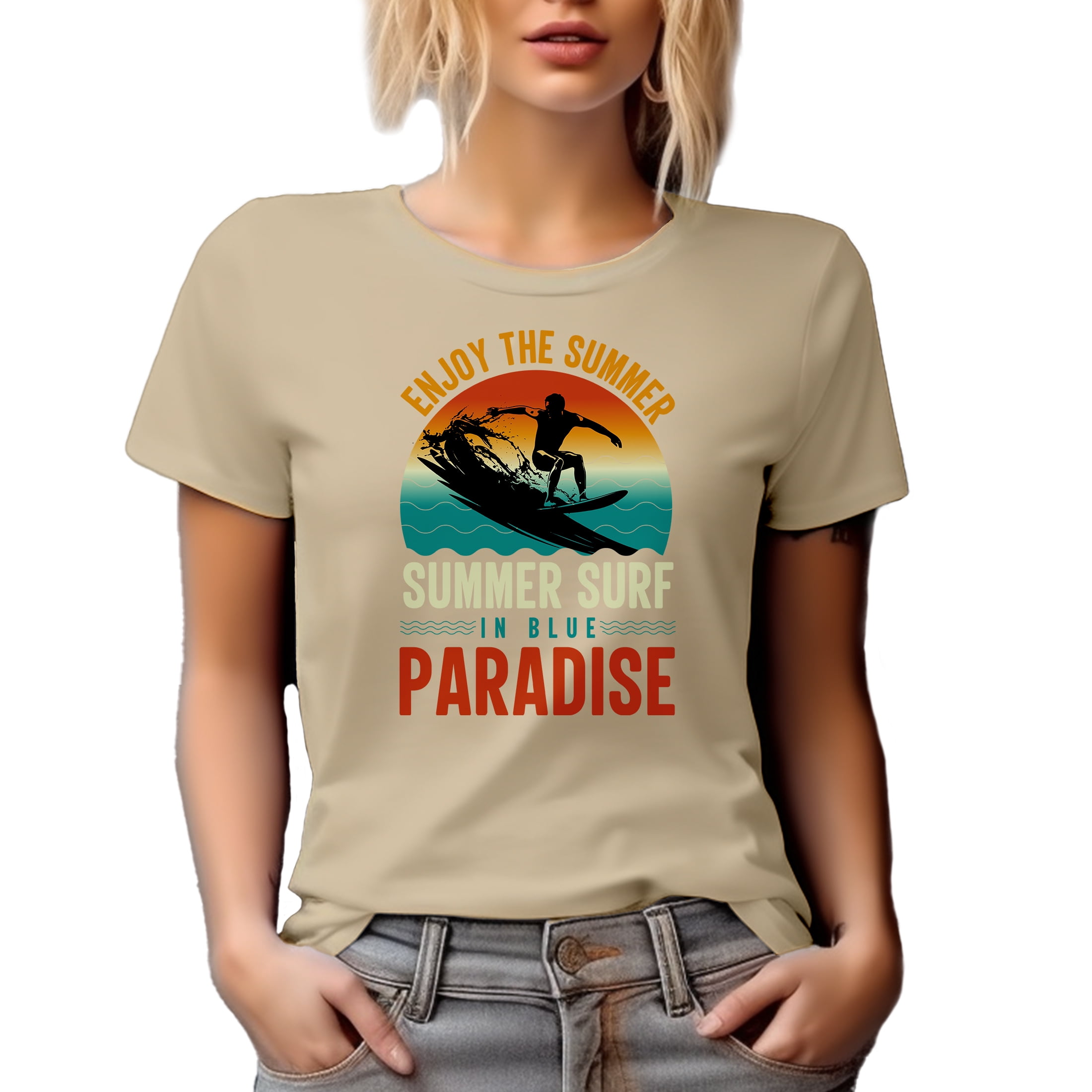 Enjoy the Summer, Summer Surf in Blue Paradise, Tan T-Shirt, 2XL