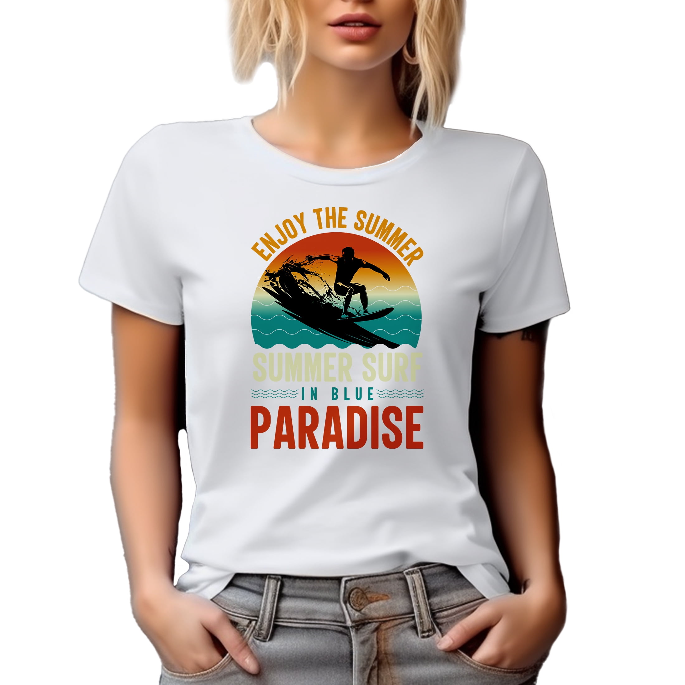 Enjoy the Summer, Summer Surf in Blue Paradise, White T-Shirt, XL
