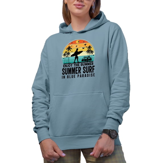 Enjoy the Summer, Summer Surf in Blue Paradise with a Surfer & Surfing Van, Light Blue Hooded Sweatshirt or Hoodie, 3XL