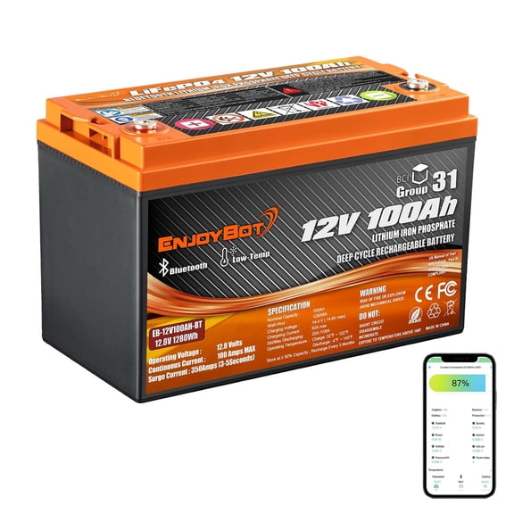 Enjoybot 12V 100Ah LiFePO4 Battery Group 31 Lithium Battery, Built-in 100A BMS with Bluetooth, 15000 Deep Cycles for Golf Cart Rvs Marine Vans Trailer Trolling Motor Backup
