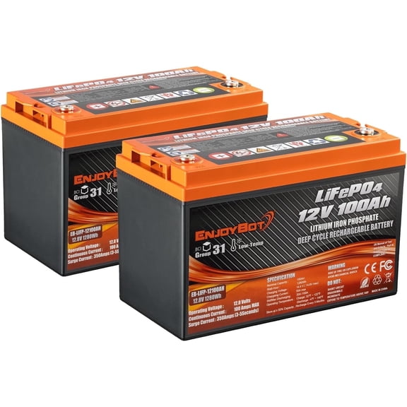 Enjoybot 12V 100Ah LiFePO4 Lithium Battery, 100A BMS Deep Cycle Battery with Low Temp Cut Off, Up to 6 in Series, Peak Current 350A for Golf Cart, RV, Trolling Motor, Electric LSV, UTV, ATVs(2 Pack)