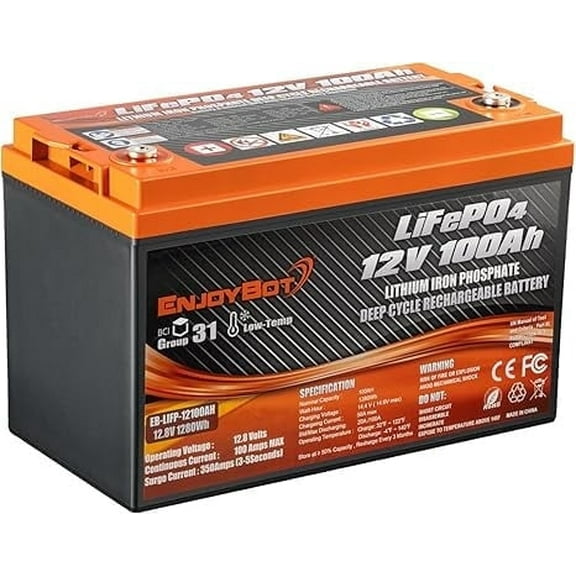 Enjoybot 12V 100Ah LiFePO4 Lithium Battery, 4000+ Deep Cycle with Low-Temp Protection, 100A BMS and Max 6S4P for RV, Marine, Solar, Off-Grid