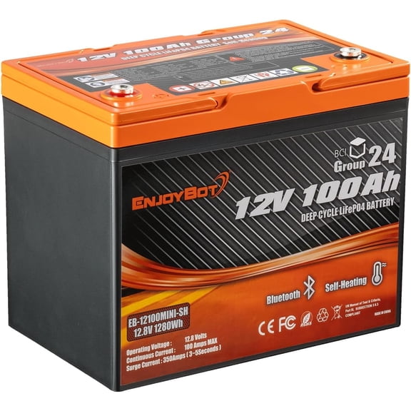 Enjoybot 12V 100Ah Self-Heating LiFePO4 Lithium Battery, Group 24 Lithium Battery Built-in 100A BMS and Bluetooth, 1280W Load Power, Peak Current 350A Perfect for Golf Cart Trolling Motor