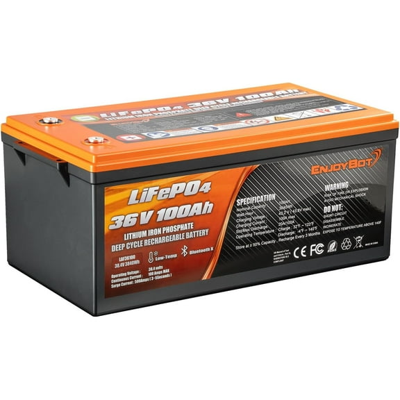 Enjoybot 36V 100Ah LiFePO4 Lithium Battery, Built-in 100A BMS and Bluetooth-Enabled, Low Temp Cut-Off Function and Peak Current 500A, 10 Years Lifetime Perfect  for Golf Cart, RV, Trolling Motor