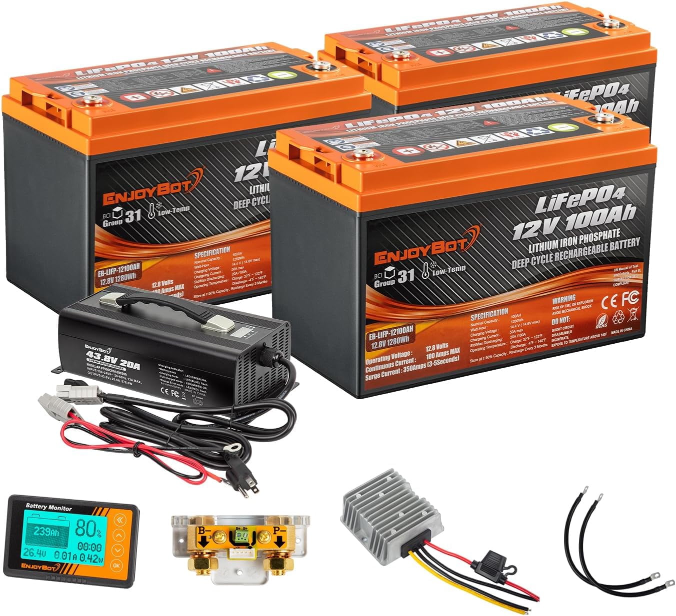 Enjoybot 36V 100Ah LiFePO4 Lithium Golf Cart Battery Conversion Kit, 3 X 12V 100Ah Group 31 LiFePO4 Battery with 1280Wh, Built-in 100A BMS with Low Temperature Cut-Off Function,  Peak current of 350A