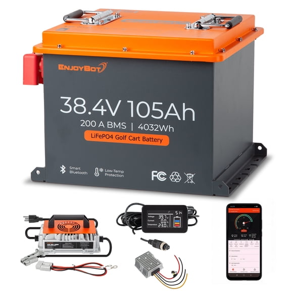 Enjoybot 36V (38.4V) 105Ah Lithium Golf Cart Battery, Built-in 200A BMS, with Charger, Converter, Monitor & APP, 4000+ Deep Cycles LiFePO4 Battery, Max 7.68kW Power Output, Perfect for Golf Carts
