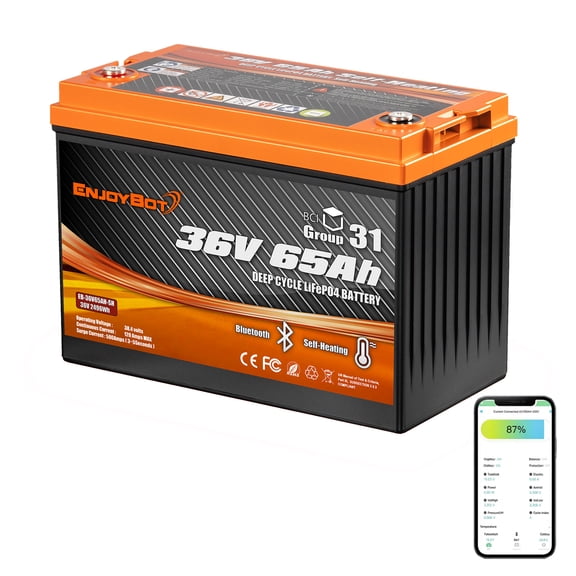 Enjoybot 36V 65Ah LiFePO4 Battery Group 31 Lithium Battery, Built-in 120A BMS with Bluetooth, 15000+ Deep Cycles for Solar System Rvs Marine Vans Trailer Trolling Motor Backup