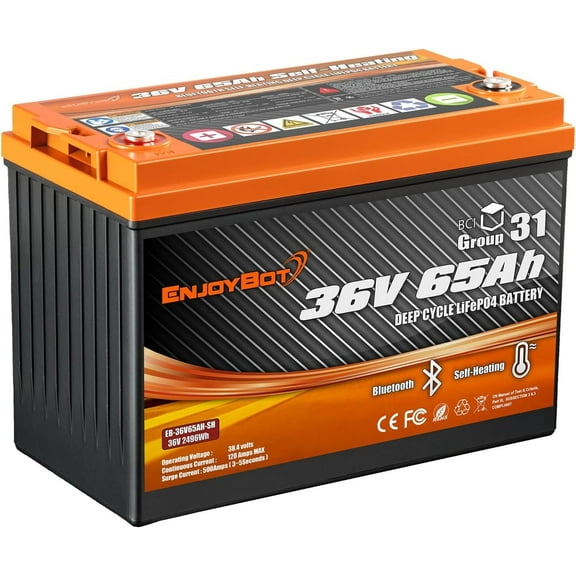 Enjoybot 36V 65Ah LiFePO4 Lithium Battery Self-Heating, Built-in 120A BMS and Bluetooth, Group 31 Size, Up to 2 in Series, 6000+ Cycles, Peak Current 500A for Golf Cart, Yacht, Boat,Trolling Motor