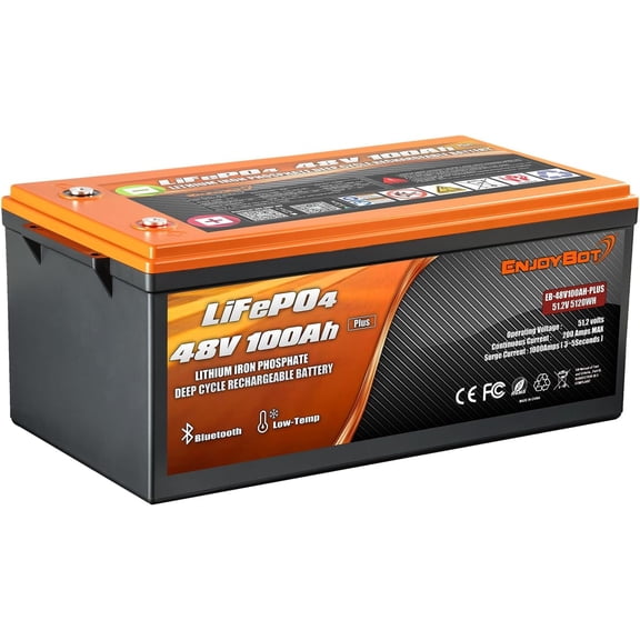 Enjoybot 48V 100AH Plus LiFePO4 Lithium Battery with 5120Wh, Built-in 200A BMS and Bluetooth, Low Temp Cut-Off Function, Max.10.24 kW Load Power and Peak Current 1000A Perfect for Golf Cart RV, UTV