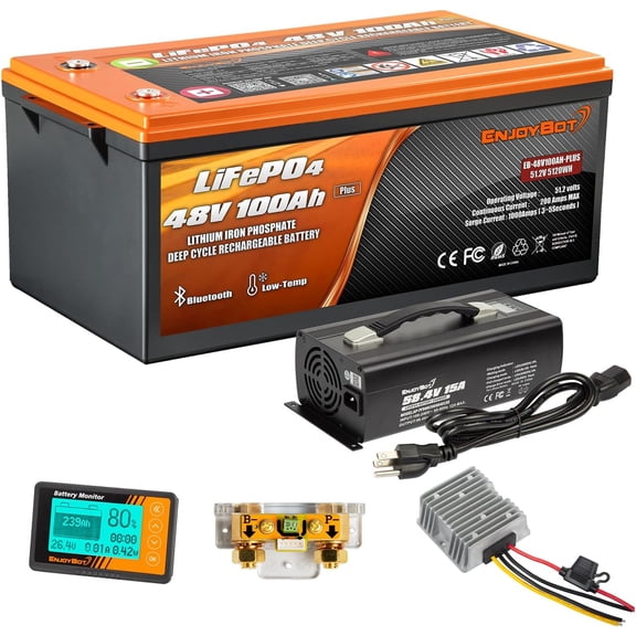 Enjoybot 48V 100Ah Plus LiFePO4 Lithium Golf Cart Battery Conversion Kit, Built-in 200A BMS and Bluetooth, Low Temp Cut-Off Function and Max.10.24 kW Load Power,  Peak Current 1000A with 6000+ Cycles