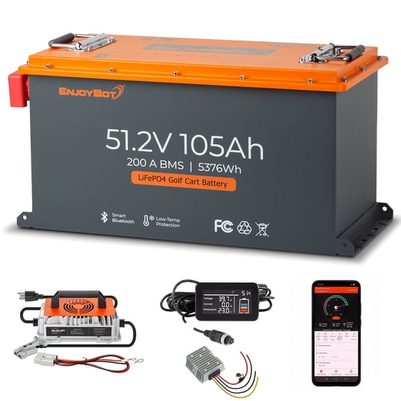 Enjoybot 48V (51.2V) 105Ah Lithium Golf Cart Battery, Built-in 200A BMS, with Charger, Converter, Monitor & APP, 4000+ Deep Cycles LiFePO4 Battery, Max 10.24kW Power Output, Perfect for Golf Carts