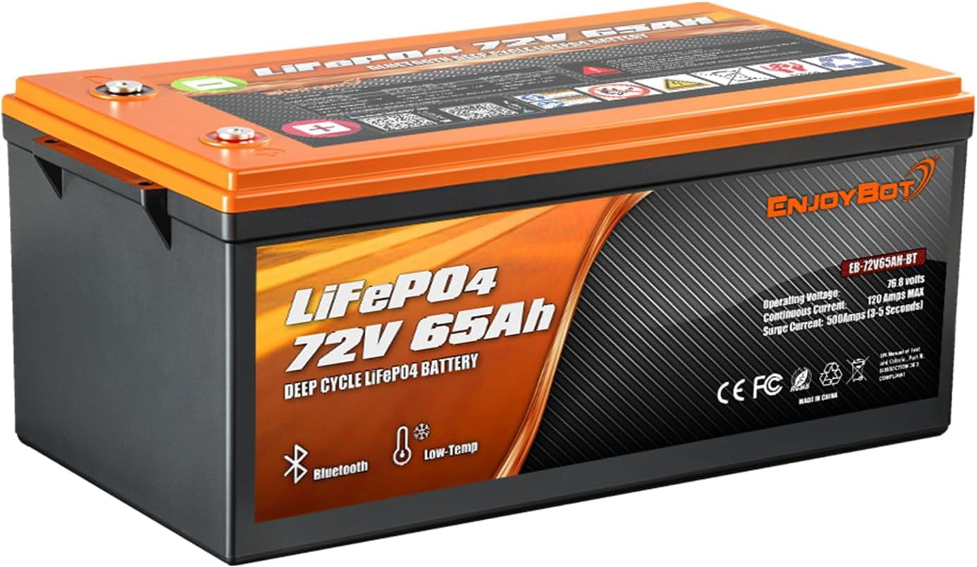 Enjoybot 72V 65Ah LiFePO4 Lithium Battery, 120A BMS Deep Cycle Battery with Bluetooth and Low-Temp Protection, 9216W Output Power, Peak Current 500A for 72V Golf Carts, LSVs, NEVs, Electric UTVs