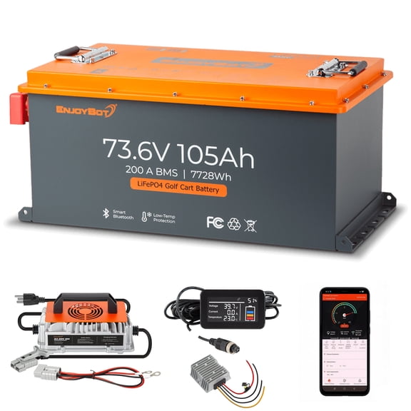 Enjoybot 72V (73.6V) 105Ah Mini Lithium Golf Cart Battery, Built-in 200A BMS, with Charger, Converter, Monitor & APP, 4000+ Deep Cycles LiFePO4 Battery, Max 14.72kW Power Output, for Golf Carts