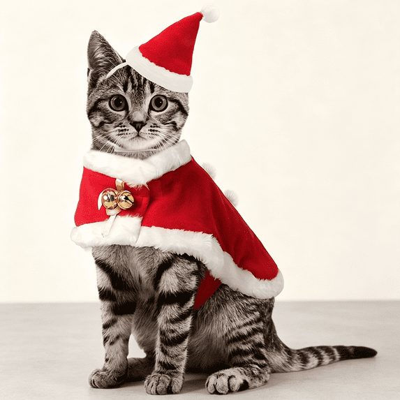 Enjoying Cat Christmas Costume, Pet Santa Hat with Xmas Clothes for Cats Small Dogs Rabbits, Cat Santa Hat and Red Warm Cloak Coat, New Year Puppy Red Clothes Outfit, Adjustable
