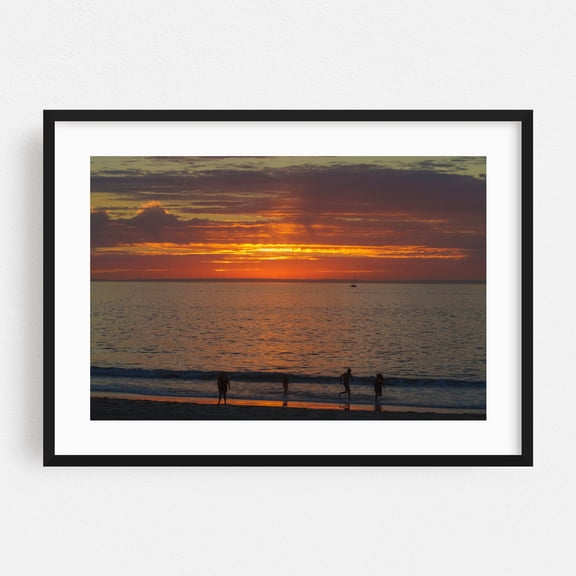 Enjoying That Last Bit of Sunlight - Redondo Beach California Photography Sunset Seascape Beach Silhouette Ocean Coast Boat Black Framed Wall Art Print 20 x 30 inches