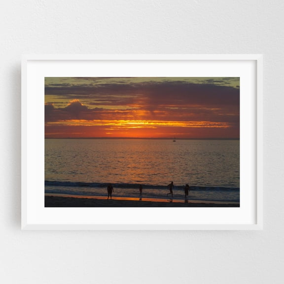 Enjoying That Last Bit of Sunlight - Redondo Beach California Photography Sunset Seascape Beach Silhouette Ocean Coast Boat White Framed Wall Art Print 20 x 30 inches