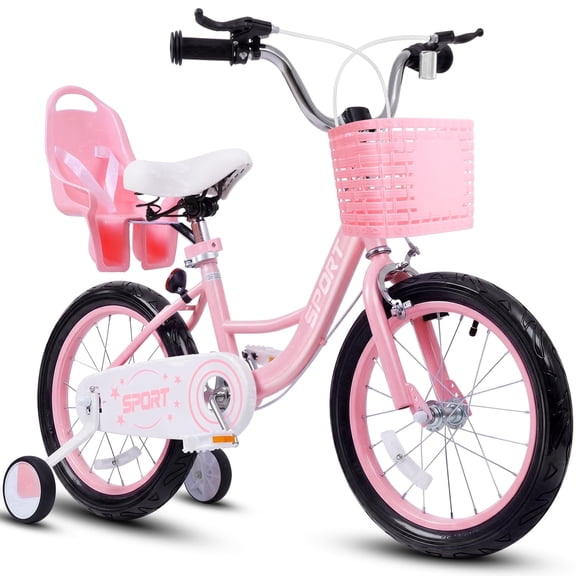 Enjoyrun 16" Kids Bike,Girls Bike with Training Wheels,Basket and Doll Seat,Bicycle for Children Ages 5-8,Pink