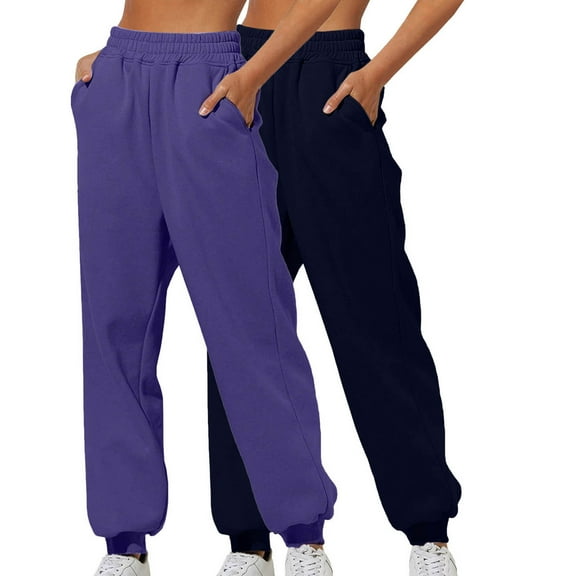 Enjoytime 2 Pack Pants for Women Solid Color Elastic Waist Loose Sweatpants Plus Size Pants Casual Athletic Joggers with Pockets Dark Blue XXL
