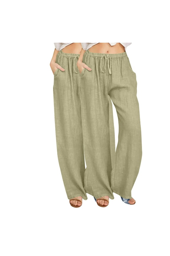 2 Pack Womens Wide Leg Pants Elastic Waist Cotton Linen Pants with Pockets Drawstring Lounge Loose Workout Trousers Plus Size Fall Winter Clothes Green XXXL