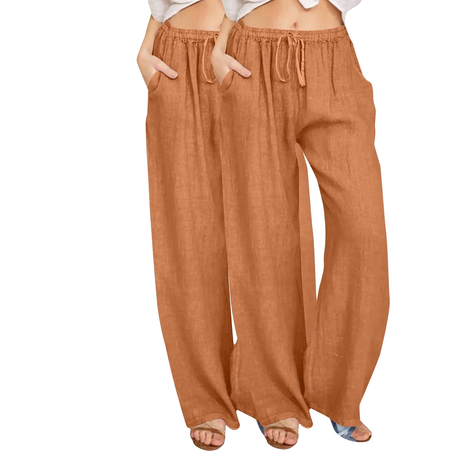 Enjoytime 2 Pack Womens Wide Leg Pants Elastic Waist Cotton Linen
