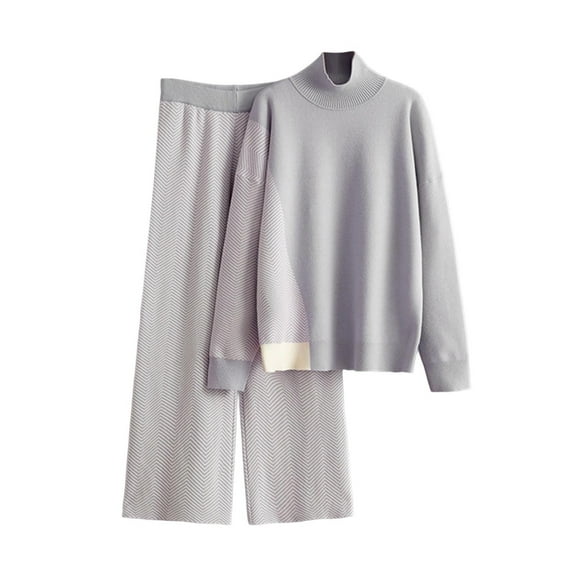Enjoytime 2 Piece Lounge Set Women Patchwork High Collar Long Sleeves Blouse and Elastic Waist Pants Fall Winter Casual Clothes Gray Free Size