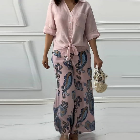 Enjoytime 2 Piece Lounge Set Women Print Long Sleeve Turndown Collar Blouse Wide Leg Pants Loungewear Fashion 2025 Vacation Outfits for Women