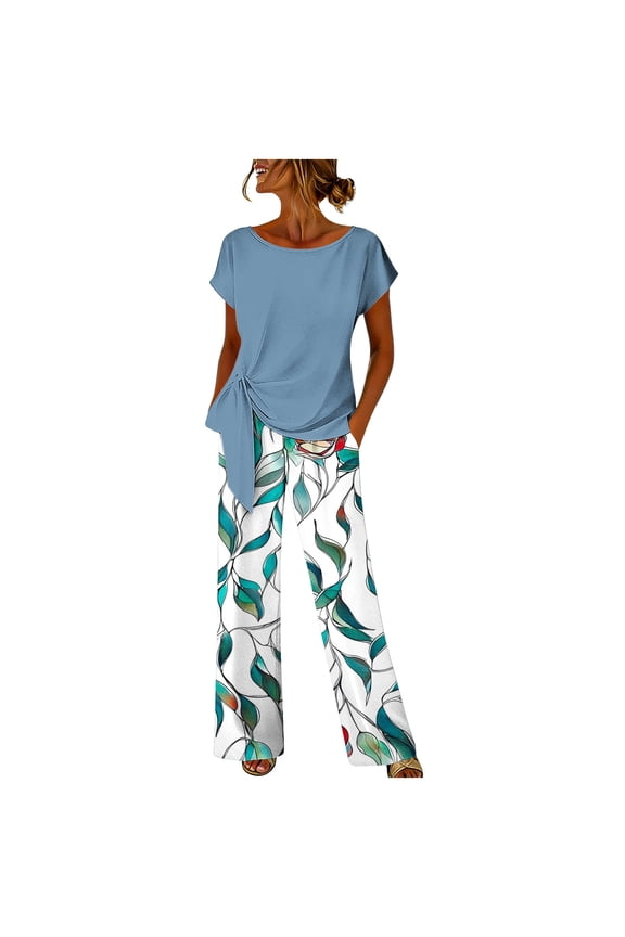 2 Piece Lounge Set Women Short Sleeve Tops with Print Pants Matching Set Summer Travel Casual Outfits