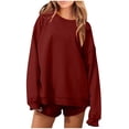 thumbnail image 1 of Enjoytime 2 Piece Lounge Set Women Solid Color Crewneck Long Sleeve Sweatshirt Shorts Outfits Casual Loose Travel Matching Sets Wine S, 1 of 5
