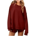 thumbnail image 1 of Enjoytime 2 Piece Lounge Set Women Solid Color Crewneck Long Sleeve Sweatshirt Shorts Outfits Casual Loose Travel Matching Sets Wine XL, 1 of 5