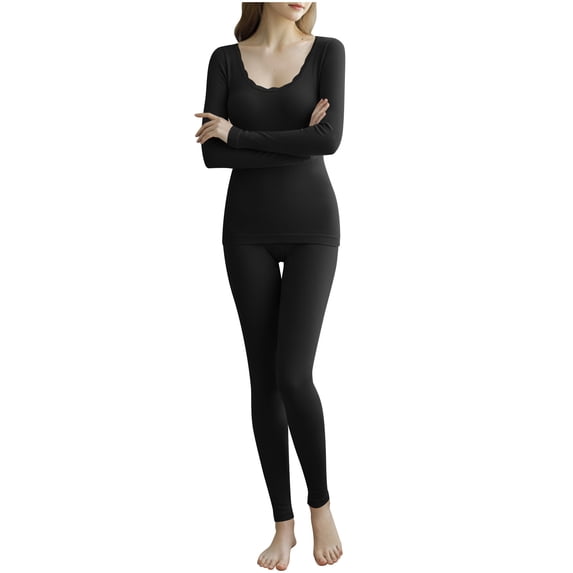 Enjoytime 2 Piece Lounge Set Women Solid Color Crewneck Long Sleeve Tops Pants Outfits Fall Winter Base Warm Sets Thin Shaping Matching Sets