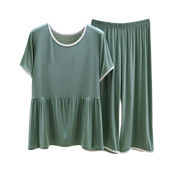 Enjoytime 2 Piece Lounge Set Women Solid Color Crewneck Tops Long Pants Outfits Short Sleeve Casual Loose Loungewear
