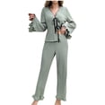 thumbnail image 1 of Enjoytime 2 Piece Lounge Set Women Solid Color Round Neck Long Sleeve Blouse with Bandage and Flowy Pants Fall Winter Pajama Sets Green M, 1 of 3