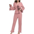 thumbnail image 1 of Enjoytime 2 Piece Lounge Set Women Solid Color Round Neck Long Sleeve Blouse with Bandage and Flowy Pants Fall Winter Pajama Sets Pink XS, 1 of 8