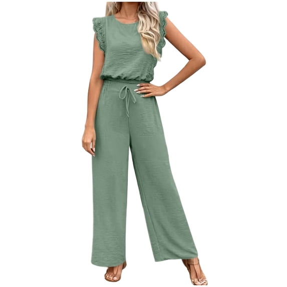 Enjoytime 2 Piece Lounge Sets for Women Round Neck Ruffle Cap Sleeve Matching Set Work Casual Travel Outfits Wide Leg Pants