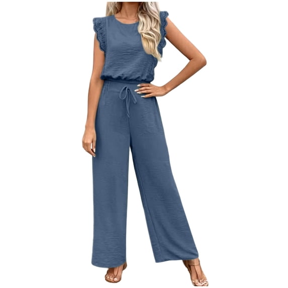 Enjoytime 2 Piece Lounge Sets for Women Round Neck Ruffle Cap Sleeve Matching Set Work Casual Travel Outfits Wide Leg Pants