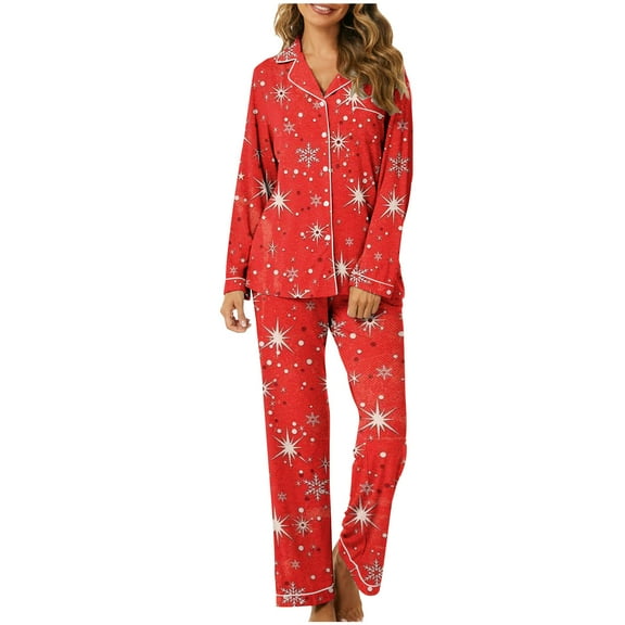 Enjoytime 2 Piece Outfits for Women Christmas Printed Long Sleeve Tops Pants Loungewear Casual Soft Button Down Pajama Set Plus Size Fashion Sleepwear