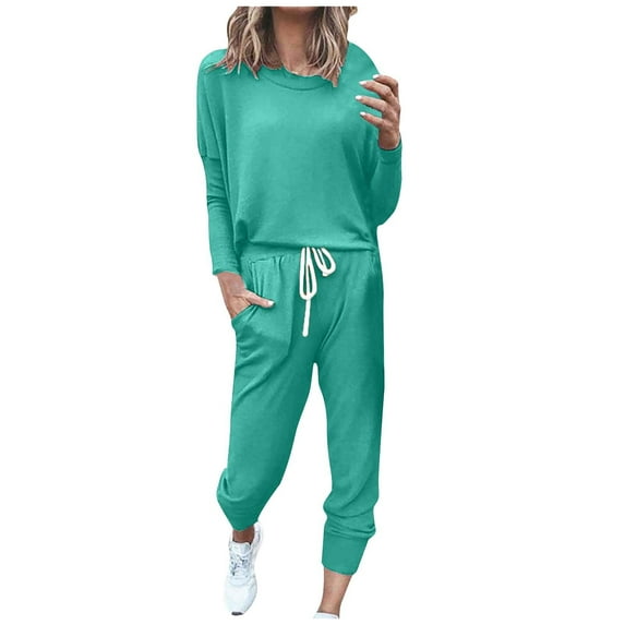 Enjoytime Travel Outfits for Women 2 Piece Sets Solid Color Long Sleeve Pullover Sweatshirts Jogging Long Pants Sweatsuit Travel Fall Loungewear 2025