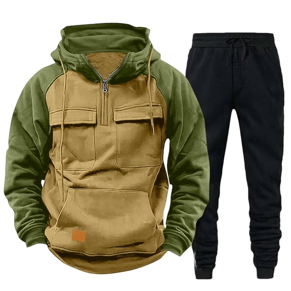 Enjoytime 2 Piece Set for Men Patchwork Long Sleeve Velvet Sweatshirt and Pants Sweatsuit Workout Casual Warm Plus Size Outfits