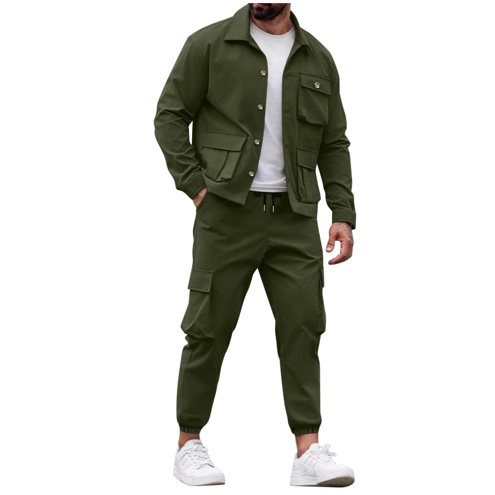 Enjoytime 2 Piece Set for Men Solid Color Long Sleeve Button Down