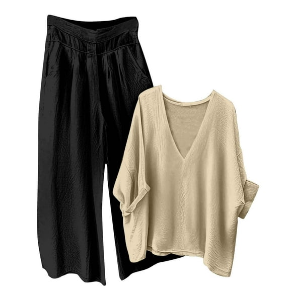 Enjoytime 2 Piece Sets for Women Fall Winter Solid Color V-Neck Long Sleeve Blouses Wide Leg Pants Loungewear Casual Loose Vacation Outfits for Women Khaki M
