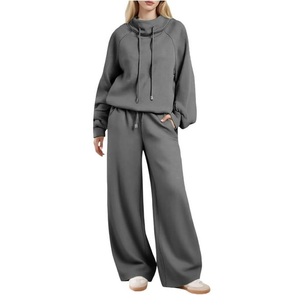 Enjoytime 2 Piece Sets for Women Winter Solid Color Long Sleeve Turtleneck Sweatshirt Wide Leg Pants Outfits Fashion Casual Loose Sweatsuits Dark Gray M