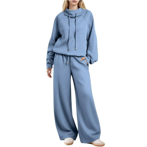 Enjoytime 2 Piece Sets for Women Winter Solid Color Long Sleeve Turtleneck Sweatshirt Wide Leg Pants Outfits Fashion Casual Loose Sweatsuits Light Blue XL