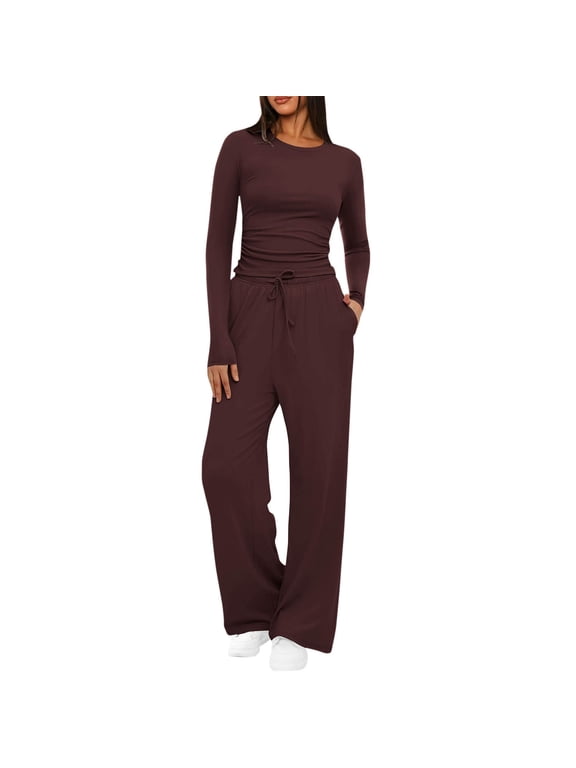 2 Piece Sets for Women Casual Solid Color Long Sleeve Tops Wide Leg Pants Lounge Set Travel Loungewear