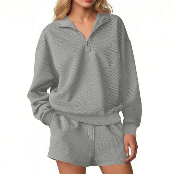 Enjoytime 2 Piece Sets for Women Fall Winter Solid Color Long Sleeve Half Zip Sweatshirt Shorts Loungewear Matching Vacation Travel Outfits Gray L