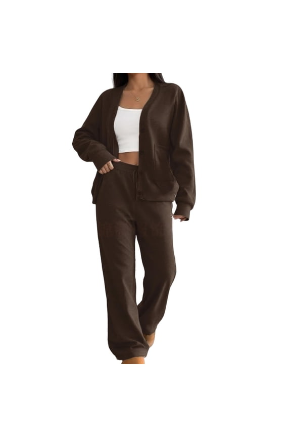 2 Piece Sets for Women Solid Color Long Sleeve Button Up Cardigans with Sweatpants Loungewear Casual Travel Outfits
