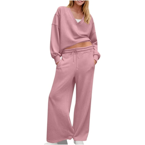 Enjoytime 2 Piece Sets for Women Solid Color V Neck Long Sleeve Blouses Baggy Sweatpants Outfits Business Casual Loose Sweat Suit Pink L