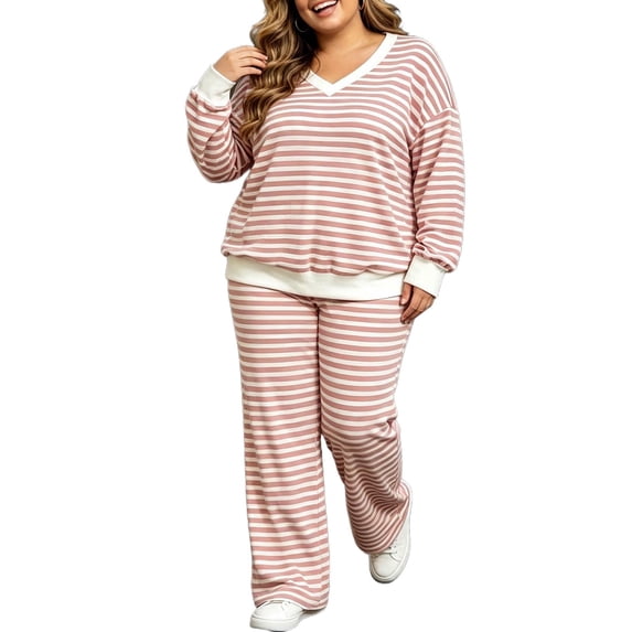 Enjoytime Lounge Sets for Women Striped V Neck Long Sleeve Top Wide Leg Pants 2 Piece Outfits Soft Loose Casual Plus Size Matching Set