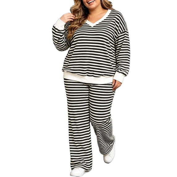 Enjoytime Lounge Sets for Women Striped V Neck Long Sleeve Top Wide Leg Pants 2 Piece Outfits Soft Loose Casual Plus Size Matching Set