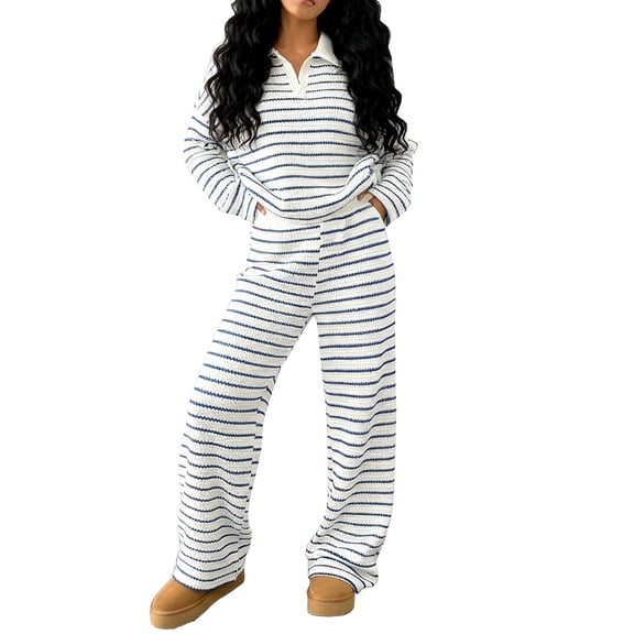 Enjoytime 2 Piece Sets for Women Striped Turndown Collar Long Sleeve Tops Pants Matching Set Fashion Casual Outfits