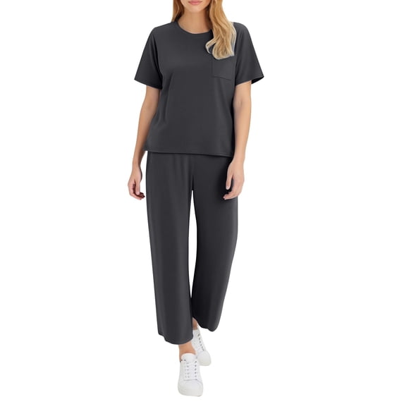 Enjoytime 2 Piece Sets for Women Summer Fashion Crewneck Short Sleeve Tops Loose Pants Loungewear Solid Color Casual Vacation Travel Outfits